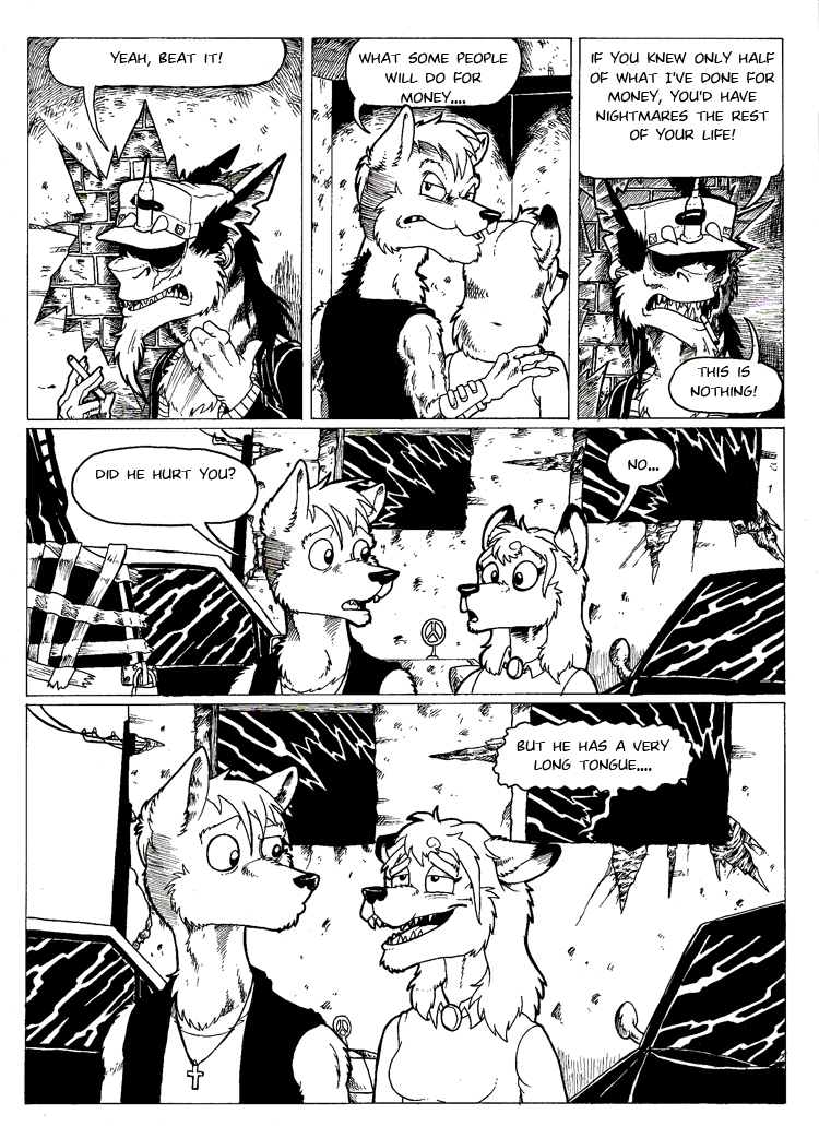 aardwolf anthro arousal aroused aroused_smile black_and_white black_hair brick_wall building car cigarette cigarette_in_mouth claws clusterskulls comic comic_page cross dialogue duct_tape ear_piercing ear_ring english_text eyes_hidden female group hair hand_on_shoulder herpestid hyaenid long_hair magra_(clusterskulls) male mammal mongoose monochrome mullet outside peace_symbol piercing power_lines sally_(clusterskulls) speech_bubble tape text utility_pole vehicle