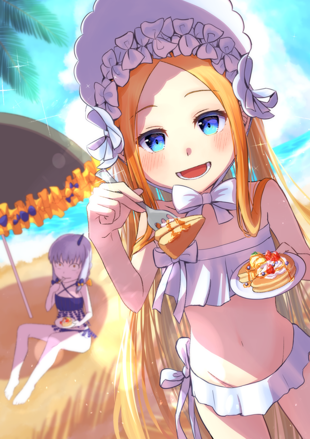 2girls abigail_williams_(fate/grand_order) abigail_williams_(swimsuit_foreigner)_(fate) bangs bare_shoulders beach bikini blonde_hair blue_eyes blue_sky blush bonnet bow breasts fate/grand_order fate_(series) food forehead hair_bow highres horns lavinia_whateley_(fate/grand_order) long_hair looking_at_viewer miniskirt multiple_girls navel open_mouth pancake parted_bangs shore sidelocks single_horn skirt sky small_breasts smile sugib swimsuit very_long_hair white_bikini white_bow white_hair white_headwear wide-eyed