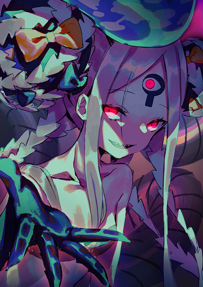 1girl abigail_williams_(fate/grand_order) abigail_williams_(swimsuit_foreigner)_(fate) bangs bare_shoulders bikini black_bikini black_bow bow breasts collarbone double_bun emoillu fate/grand_order fate_(series) forehead glowing glowing_eyes grin keyhole long_hair looking_at_viewer multiple_bows orange_bow outstretched_arm parted_bangs red_eyes sharp_teeth sidelocks small_breasts smile swimsuit teeth thighs third_eye very_long_hair white_hair white_skin