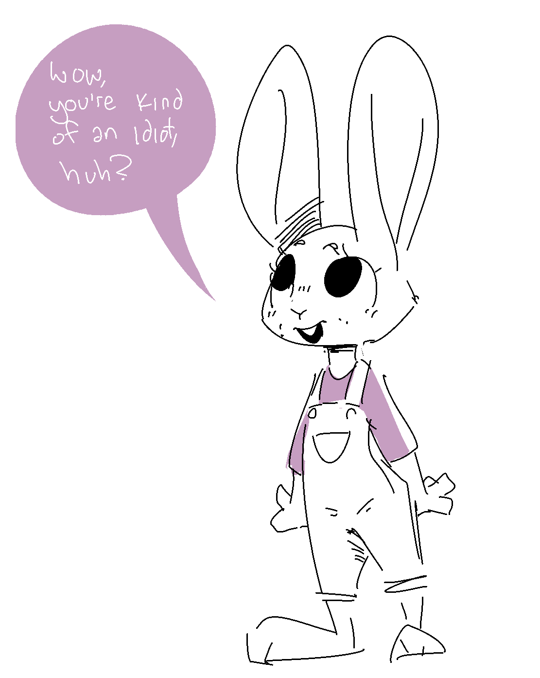 anthro buckteeth clothed clothing dialogue english_text fully_clothed hi_res lagomorph leporid mammal nobby_(artist) open_mouth rabbit simple_background solo speech_bubble teeth text white_background
