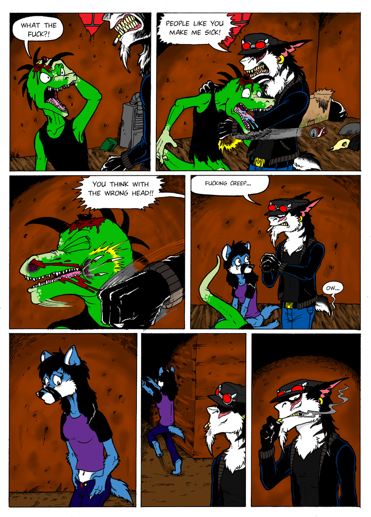 aardwolf alley anthro belt black_clothing black_hair black_jacket black_stripes black_tank_top black_topwear blood bloody_mouth blue_body blue_fur bodily_fluids bottomless bottomless_male bottomwear canid canine cigarette cigarette_in_mouth clothed clothing clusterskulls comic comic_page denim denim_clothing ear_piercing ear_ring eyes_closed eyes_hidden female fight fleeing fox fur group hair head_injury hyaenid jacket jeans lizard magra_(clusterskulls) male mammal mullet nosebleed pants piercing pink_inner_ear punch punching_face purple_clothing purple_shirt purple_topwear reptile scalie scar shirt smoke_from_mouth soles speech_bubble stripes tears teeth text topwear white_body white_fur wounded yellow_teeth