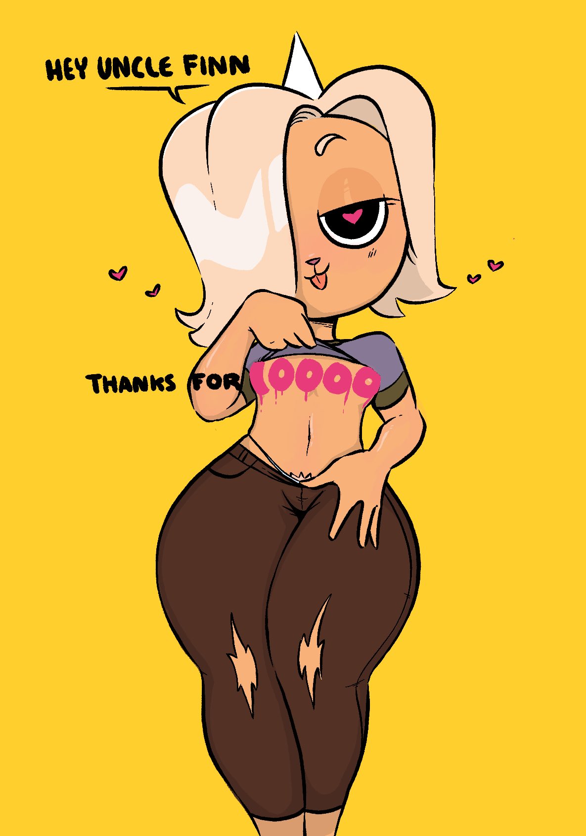 &lt;3 &lt;3_eyes 2020 adventure_time blonde_hair bronwyn canid canine canis cartoon_network clothed clothing clothing_lift domestic_dog english_text female fur hair hair_over_eye half-closed_eyes hi_res horn hybrid mammal narrowed_eyes navel one_eye_obstructed pants_pull pubes rainicorn shirt shirt_lift simple_background smile solo text thong toastiparty tongue tongue_out topwear underwear ursid yellow_background yellow_body yellow_fur