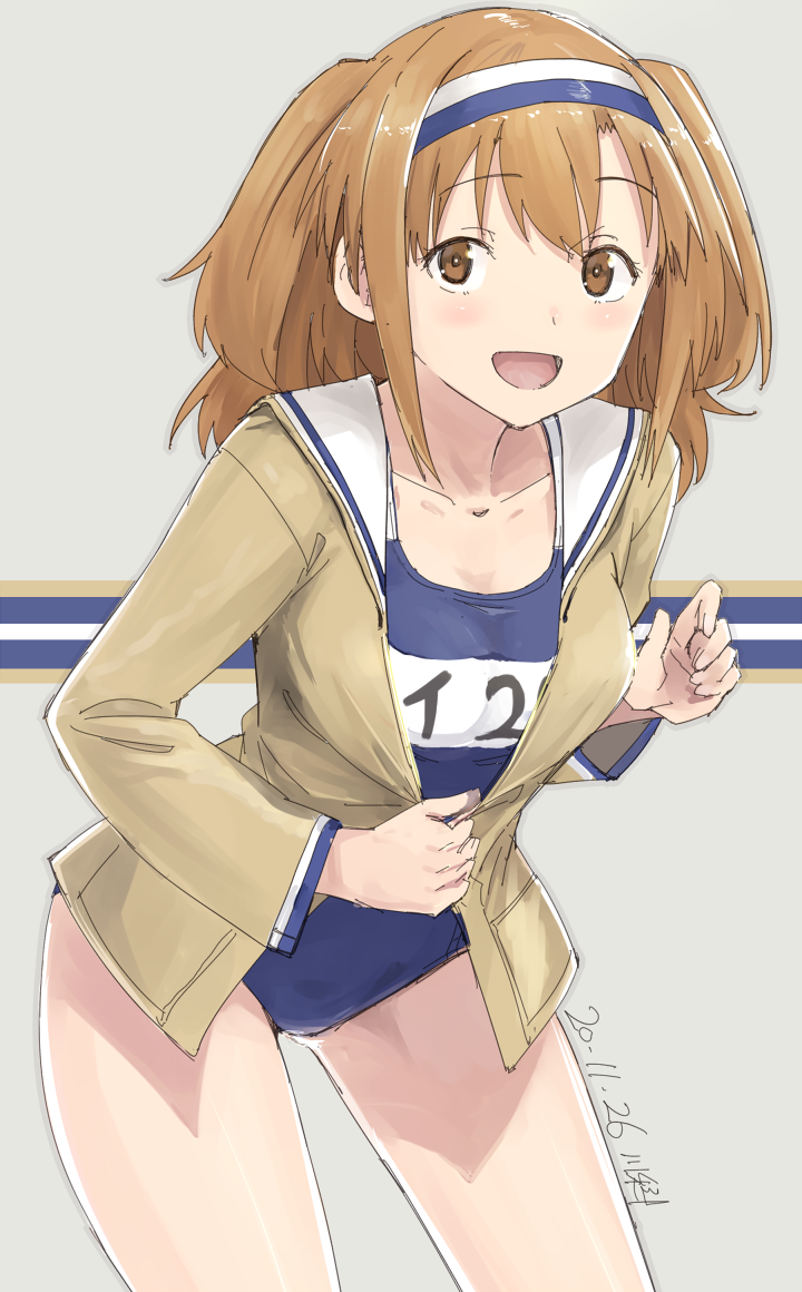 1girl alternate_sleeve_length blue_swimsuit brown_eyes brown_jacket gradient gradient_background grey_background hairband i-26_(kantai_collection) jacket kantai_collection kawashina_(momen_silicon) leaning_forward light_brown_eyes light_brown_hair long_hair name_tag new_school_swimsuit sailor_collar school_swimsuit smile solo swimsuit swimsuit_under_clothes two-tone_background two-tone_hairband two_side_up white_sailor_collar