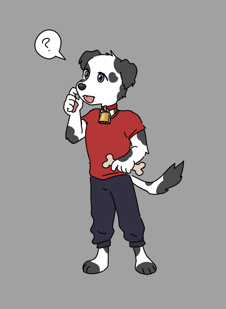 anthro blep blue_eyes bone canid canine canis clothed clothing collar confused_look cowbell cowbell_(character) cowbell_the_dog dog_treat domestic_dog full-length_portrait male mammal portrait solo spots spotted_body tongue tongue_out