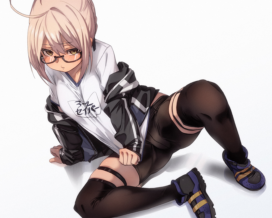 1girl ahoge artoria_pendragon_(all) black-framed_eyewear black_choker black_footwear black_legwear black_shorts blonde_hair blush breasts brown_eyes choker fate/grand_order fate_(series) fu-ta glasses jacket long_sleeves looking_at_viewer mysterious_heroine_x_(alter) open_clothes open_jacket semi-rimless_eyewear shirt shoes short_hair short_shorts shorts skindentation small_breasts sneakers solo thigh_strap under-rim_eyewear underwear white_shirt