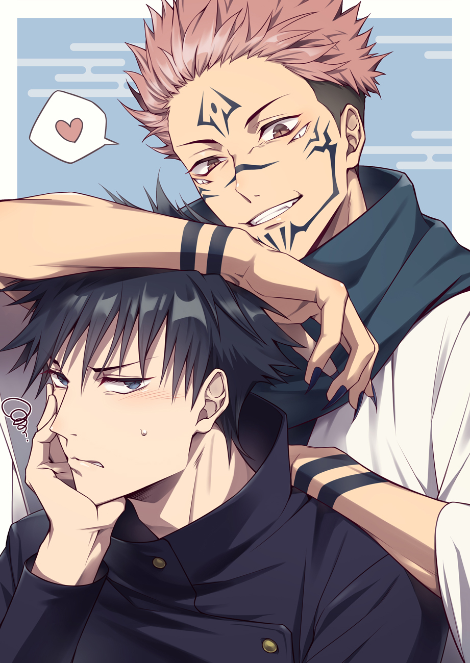 2boys bangs black_eyes black_hair black_jacket black_nails black_scarf brown_hair chin_rest commentary_request extra_eyes facial_tattoo fingernails frown fushiguro_megumi gakuran grin hair_between_eyes heart high_collar highres itadori_yuuji jacket japanese_clothes jujutsu_kaisen kimono long_fingernails long_sleeves looking_at_viewer male_focus multiple_boys ryoumen_sukuna_(jujutsu_kaisen) scarf school_uniform short_hair smile speech_bubble spiked_hair squiggle tattoo toujou_masateru undercut upper_body white_kimono