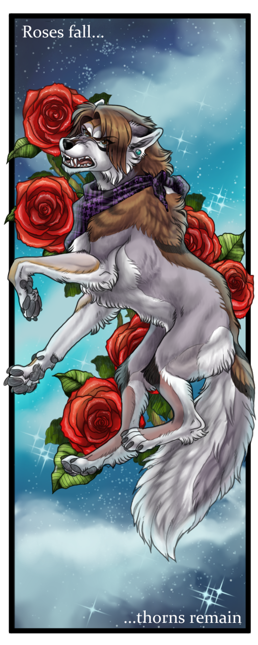 ambiguous_gender brown_hair canid canine canis claws ear_piercing ear_ring english_text feral flower fur grey_body grey_fur hair hi_res mammal pawpads piercing plant rose_(flower) scarf solo text wielder wolf