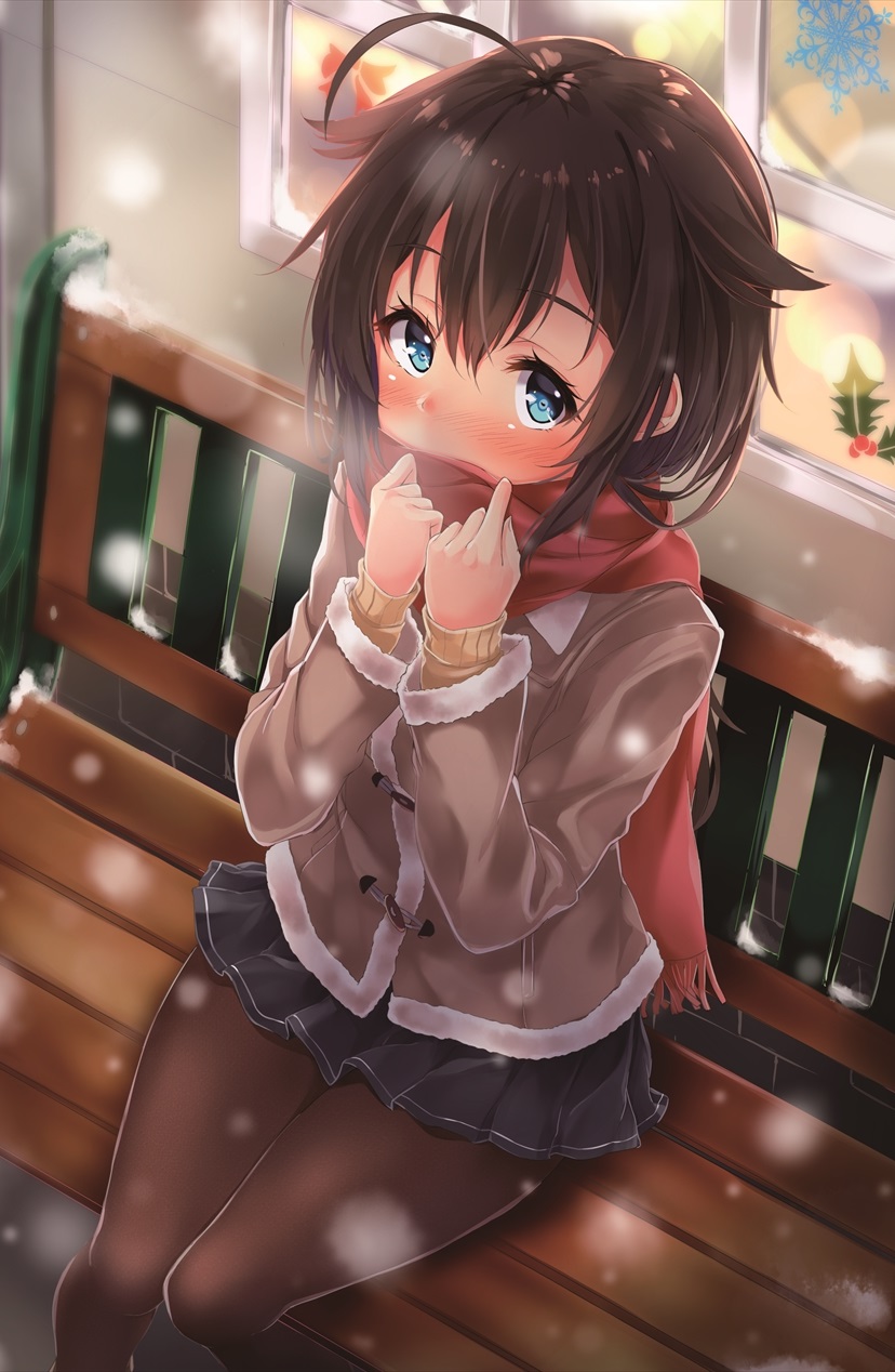 1girl ahoge alternate_costume bangs bench black_skirt blue_eyes blush brown_coat brown_hair brown_legwear coat commentary_request covered_mouth enpera fringe_trim from_above fur-trimmed_sleeves fur_trim highres kantai_collection long_hair long_sleeves looking_at_viewer looking_up marisasu_(marisa0904) miniskirt motion_blur outdoors pantyhose pleated_skirt red_scarf scarf shigure_(kantai_collection) skirt snowing solo tareme window winter