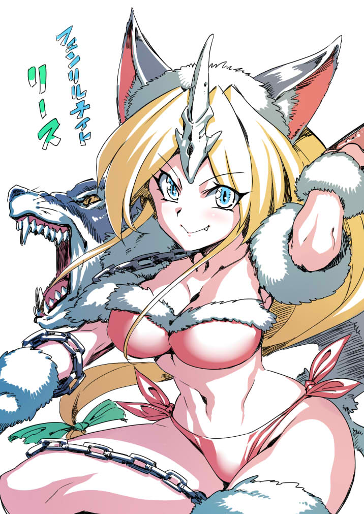 1girl animal_ears bikini blonde_hair blue_eyes breasts chain cleavage closed_mouth fenrir_knight horns long_hair looking_at_viewer low-tied_long_hair navel polearm riesz seiken_densetsu seiken_densetsu_3 simple_background single_horn solo spear swimsuit tukiwani very_long_hair weapon white_background wolf wolf_ears