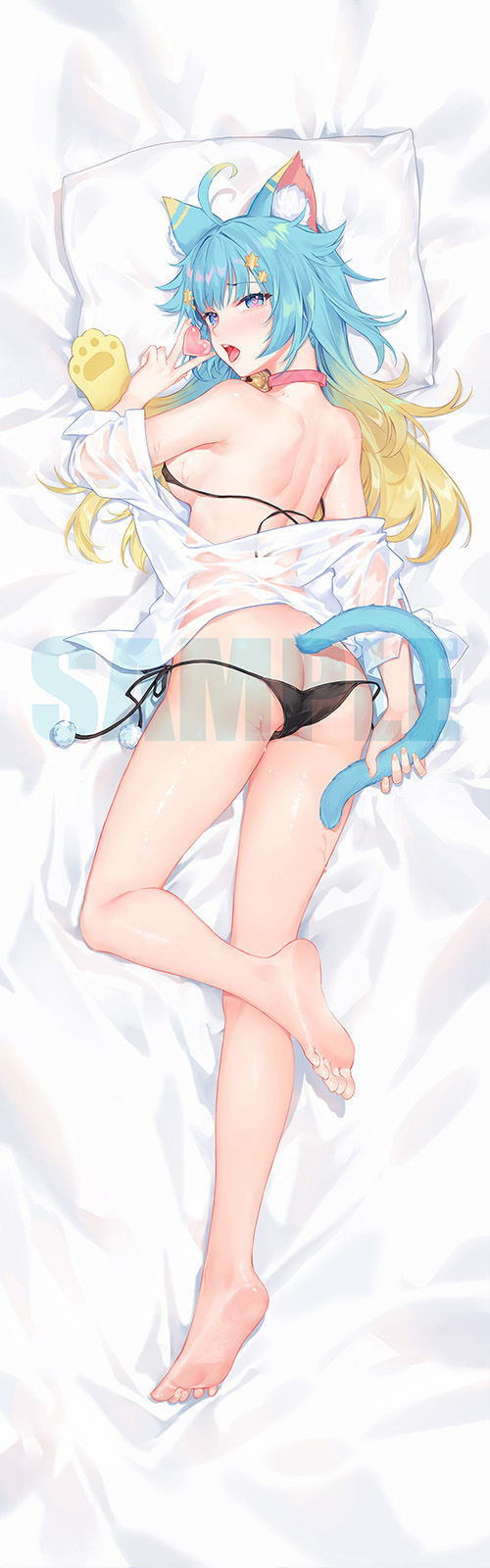 1girl animal_ears ass atdan bare_legs barefoot bell black_bra black_panties bra cat_ears cat_girl cat_tail copyright_request dakimakura feet gradient_hair hair_ornament highres jingle_bell lanmewko multicolored_hair panties shirt tail underwear wet wet_clothes wet_shirt