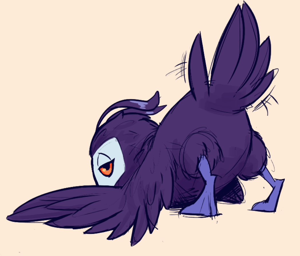 2020 avian bird butt feathers female feral half-closed_eyes ku looking_at_viewer narrowed_eyes orange_eyes ori_and_the_blind_forest ori_and_the_will_of_the_wisps owl presenting presenting_hindquarters purple_body purple_feathers simple_background solo soulcentinel tailwag violetechoes young