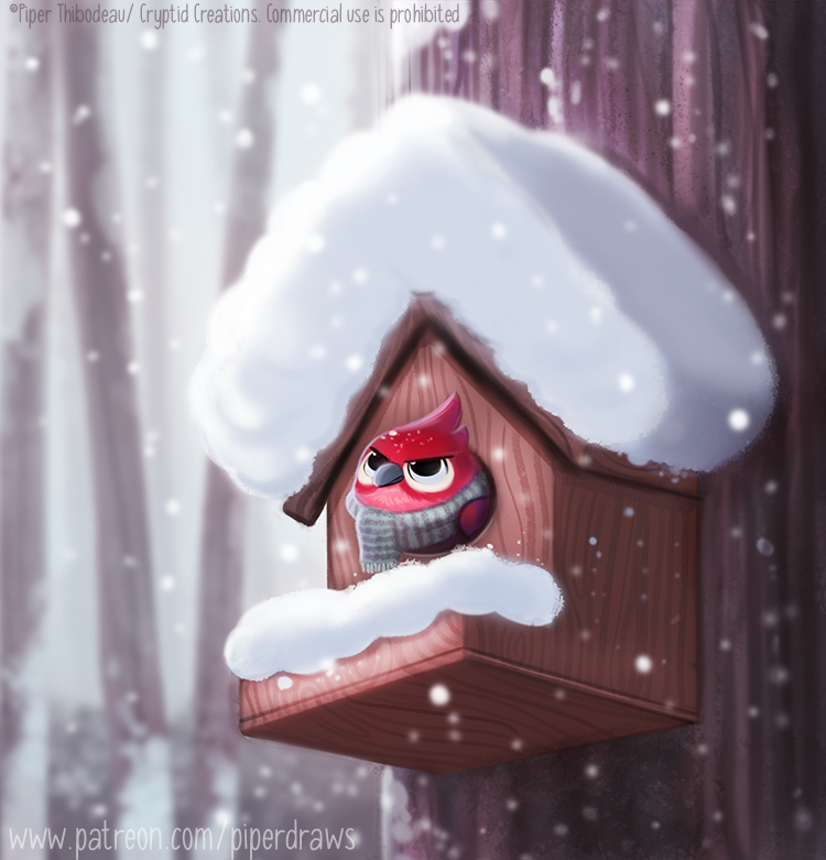 2020 avian bird birdhouse black_eyes cardinal_(bird) cryptid-creations feathered_wings feathers feral forest grumpy male northern_cardinal oscine outside passerine red_body red_feathers scarf snow snowing solo text tree url wings winter wood