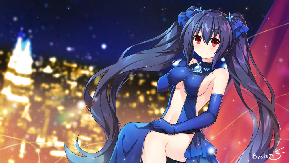 1girl artist_name bangs bare_shoulders binato_lulu black_hair blue_dress blue_gloves blurry blurry_background blush breasts commentary commission curtains dress elbow_gloves eyebrows_visible_through_hair gloves hair_between_eyes hair_ribbon hand_in_hair jewelry long_hair looking_at_viewer medium_breasts navel necklace neptune_(series) night night_sky noire red_eyes ribbon sidelocks sitting sky sleeveless sleeveless_dress smile solo twintails very_long_hair