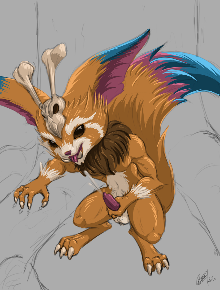 4_fingers animal_genitalia animal_penis anthro big_ears bodily_fluids bone claws colored_sketch cum ejaculation fangs fingers fluffy fluffy_tail forest fur genital_fluids genitals gnar_(lol) jungle league_of_legends male masturbation nanashi-arts no_pupils orgasm penis pubes riot_games skull solo tongue tongue_out tree video_games yordle