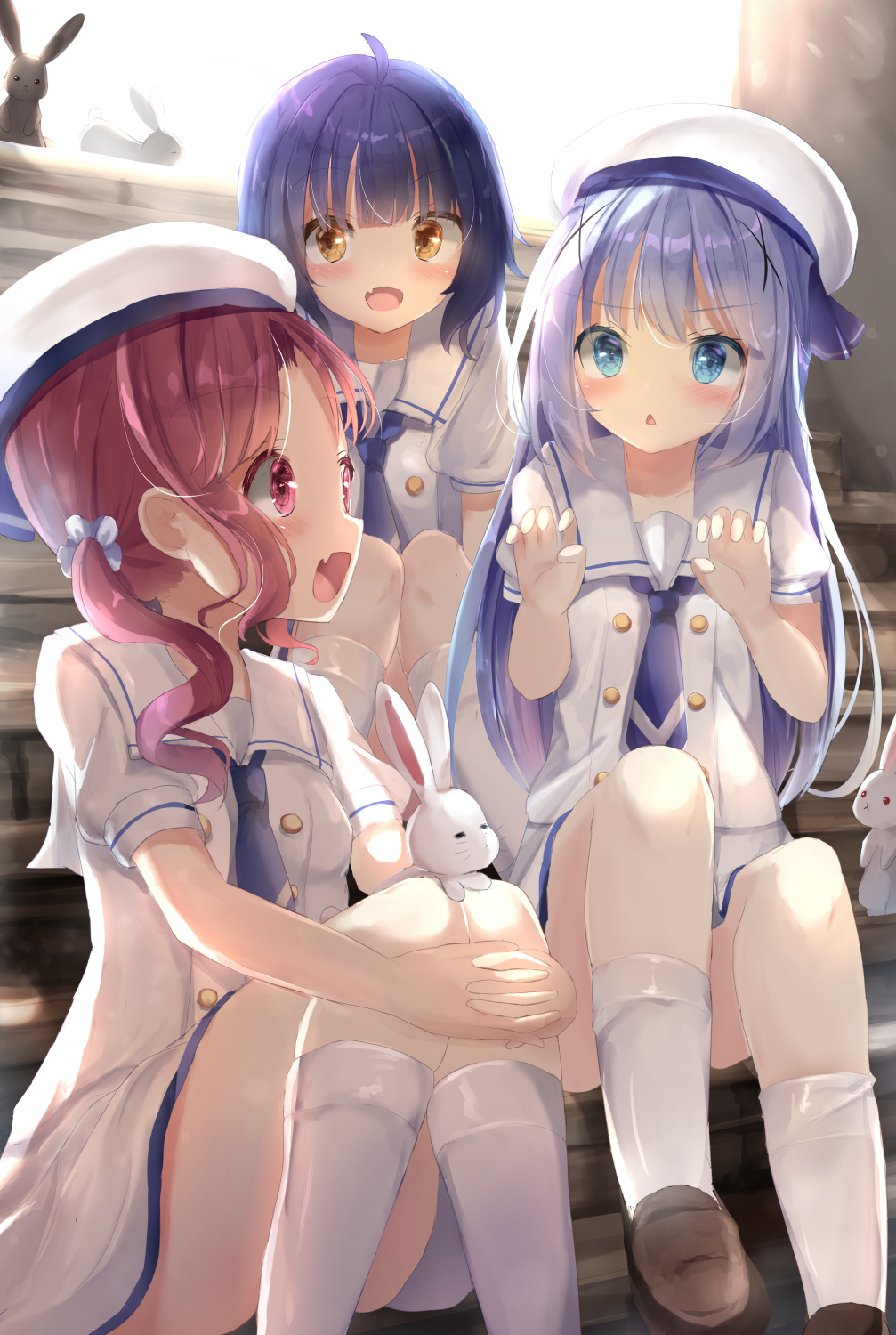 3girls :&lt; :d ahoge animal bangs beret blue_eyes blue_hair blue_neckwear blush brown_eyes brown_footwear bunny chimame-tai claw_pose commentary_request dress eyebrows_visible_through_hair fang gochuumon_wa_usagi_desu_ka? hair_ornament hands_up hat highres jouga_maya kafuu_chino kafuu_chino's_school_uniform loafers long_hair low_twintails multiple_girls na!?_(naxtuyasai) natsu_megumi necktie open_mouth parted_lips puffy_short_sleeves puffy_sleeves red_eyes red_hair school_uniform shoes short_necktie short_sleeves sitting sitting_on_stairs smile socks stairs triangle_mouth twintails very_long_hair white_dress white_headwear white_legwear x_hair_ornament
