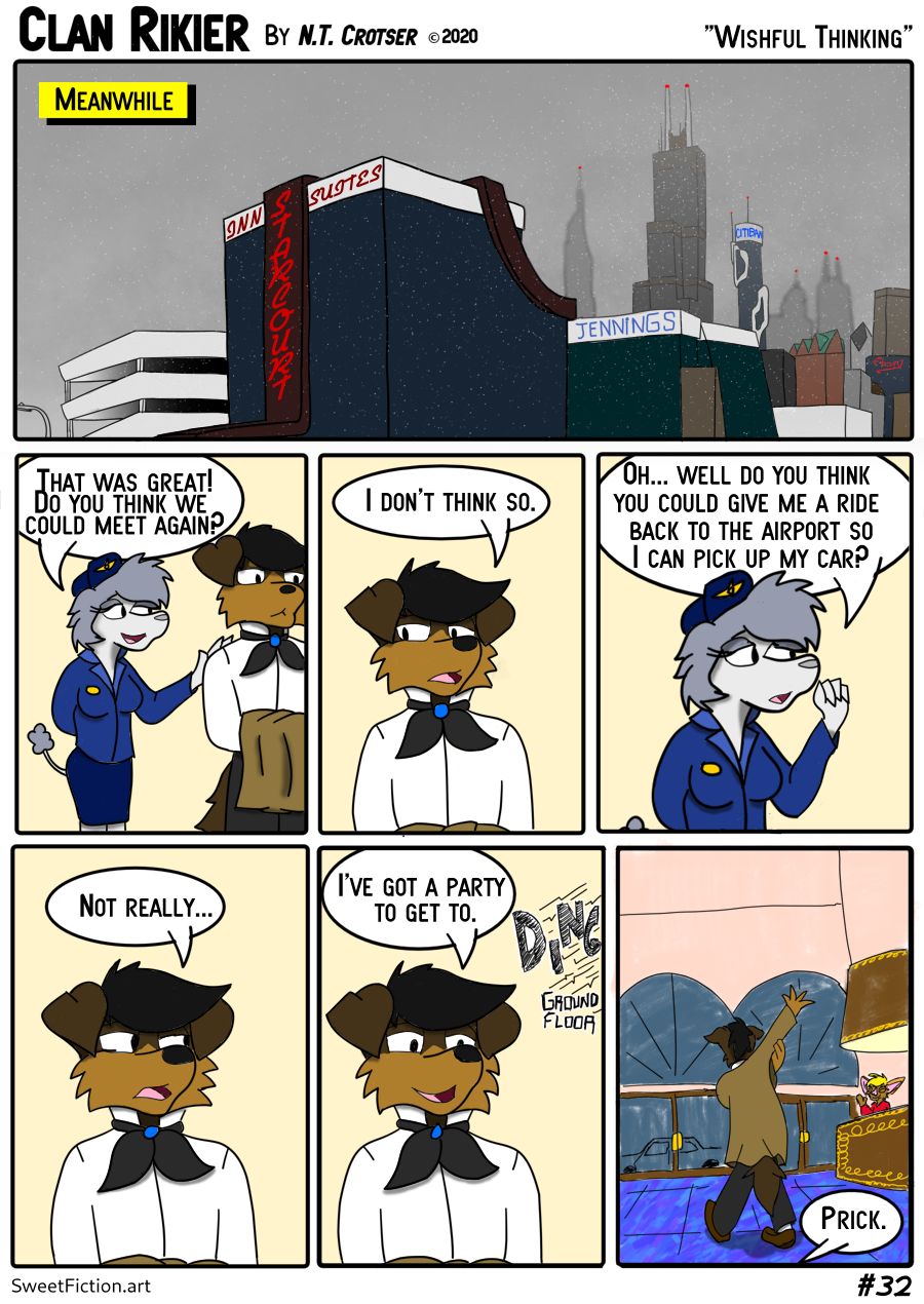 1985 2020 80's_themed anthro anton_rikier canid canine caninie canis chicago chiropteran city clan_rikier comic_page comic_webcomic cursing dialogue dobermann domestic_dog elevator english_text female flight_attendant fog hi_res hotel male mammal n._t._crotser necktie pinscher poodle rude skyline snow snowstorm sweetfiction text