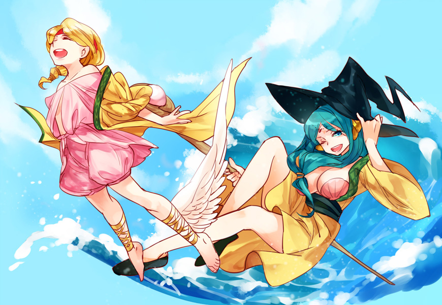 2girls aqua_hair barefoot blonde_hair bloomers blue_eyes blue_hair breasts floating foot_wings front_ponytail hat large_breasts long_hair magi_the_labyrinth_of_magic multiple_girls one_eye_closed pisti shell shell_bikini siruphial underwear water witch_hat yamuraiha