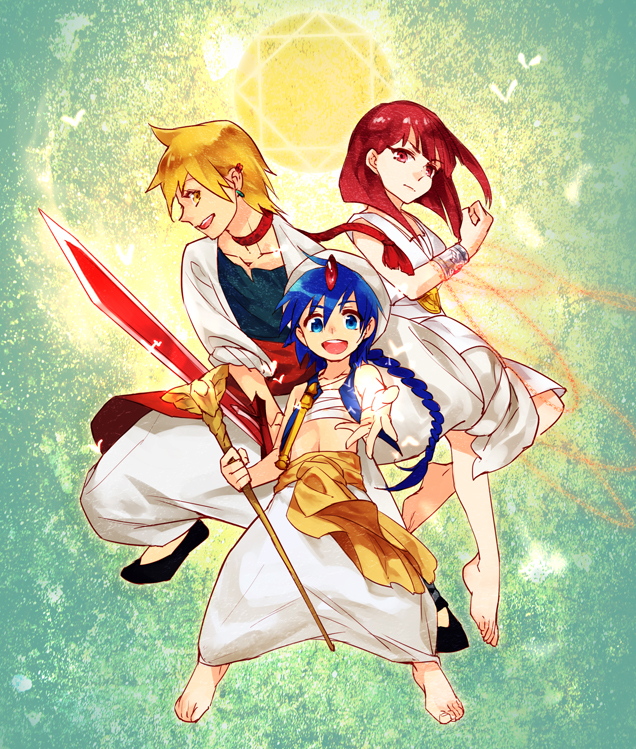 1girl 2boys aladdin_(magi) ali_baba_saluja barefoot blonde_hair blue_hair braid magi_the_labyrinth_of_magic morgiana multiple_boys red_eyes red_hair short_hair siruphial sword turban weapon yellow_eyes