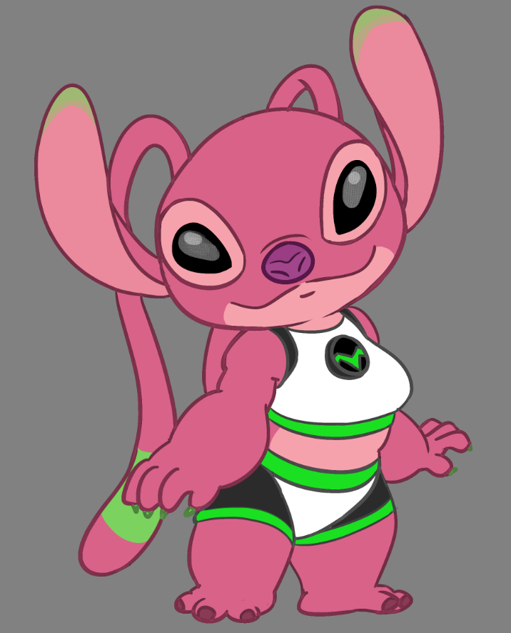 2020 4_fingers alien alternate_color angel_(lilo_and_stitch) antennae_(anatomy) artbro black_eyes claws clothed clothing disney experiment_(lilo_and_stitch) female fingers flat_colors green_claws grey_background lilo_and_stitch long_antennae looking_at_viewer midriff pink_body purple_nose semi-anthro simple_background smile solo standing