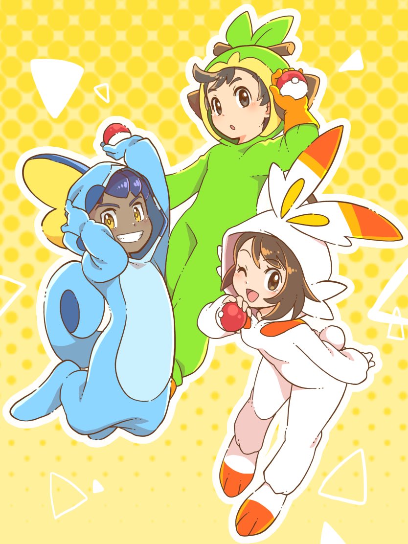1girl 2boys :o ;d arm_up bangs blush clenched_teeth commentary_request cosplay dark_skin dark_skinned_male eyebrows_visible_through_hair eyelashes gen_8_pokemon gloria_(pokemon) gloves grookey grookey_(cosplay) holding holding_poke_ball hood hood_up hop_(pokemon) long_sleeves looking_at_viewer multiple_boys nagi_(exsit00) one_eye_closed open_mouth orange_gloves outline poke_ball poke_ball_(basic) pokemon pokemon_(game) pokemon_swsh scorbunny scorbunny_(cosplay) short_hair smile sobble sobble_(cosplay) teeth tongue victor_(pokemon) yellow_eyes