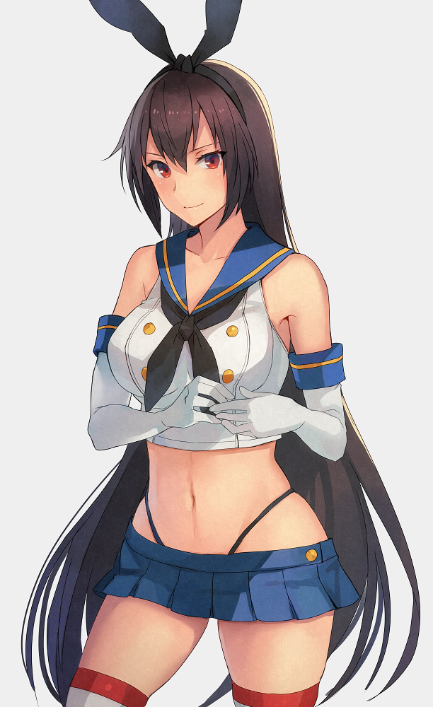 1girl black_hair black_neckwear black_panties blue_sailor_collar blue_skirt closed_mouth collarbone cosplay crop_top elbow_gloves eyebrows_visible_through_hair gloves grey_background hair_between_eyes highleg highleg_panties kantai_collection kasumi_(skchkko) long_hair miniskirt nagato_(kantai_collection) navel neckerchief panties pleated_skirt red_eyes sailor_collar school_uniform serafuku shimakaze_(kantai_collection) shimakaze_(kantai_collection)_(cosplay) simple_background skirt sleeveless smile solo striped striped_legwear thighhighs underwear white_gloves