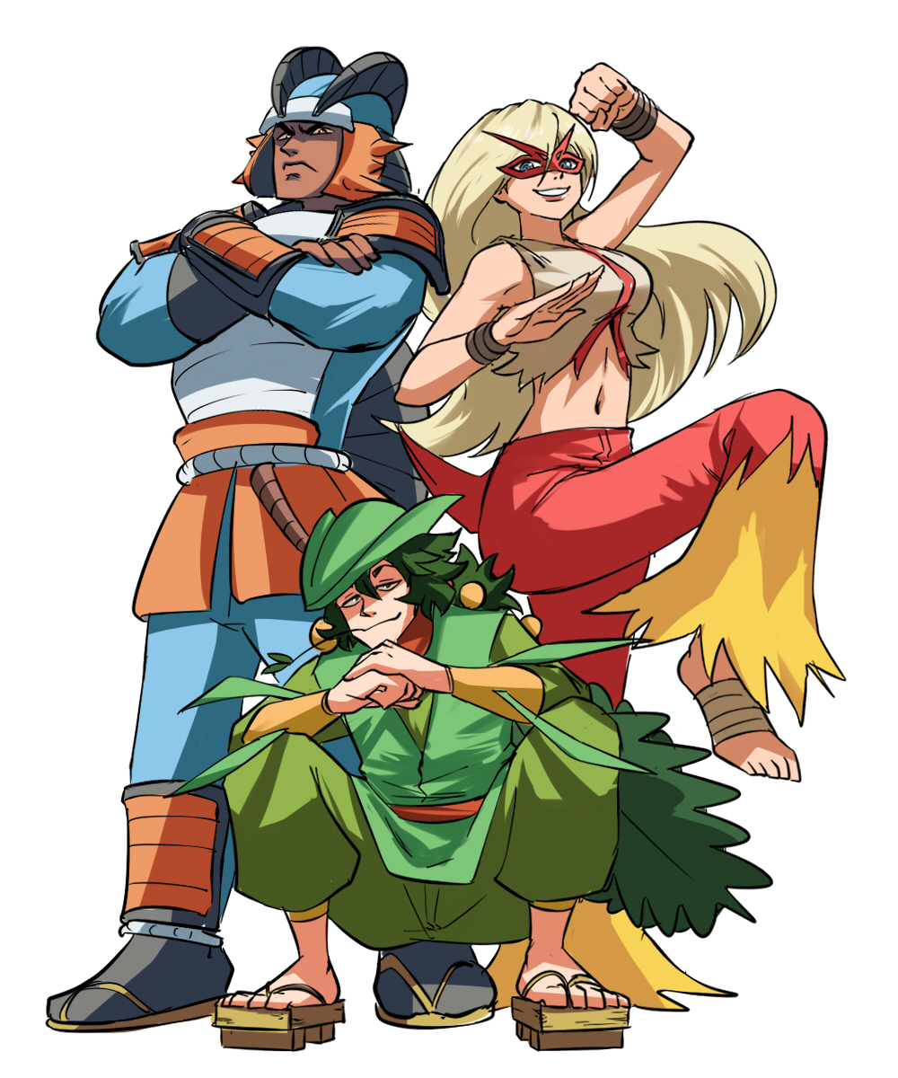 1girl 2boys armor bandaged_feet bandages bare_arms bare_shoulders barefoot behind_another blaziken blonde_hair blue_eyes bracer closed_mouth commentary cropped_shirt dark_skin dark_skinned_male english_commentary eye_mask floating_hair full_body gen_3_pokemon geta green_eyes grin half-closed_eyes helmet highres knee_up long_hair looking_at_viewer mask midriff mouth_hold multiple_boys navel orange_eyes pants personification pokemon pokemon_(game) pokemon_rse pose sceptile serious shirt shoulder_armor simple_background sleeveless sleeveless_shirt smile spikes squatting standing stomach swampert tail tina_fate toes very_long_hair vest white_background wristband