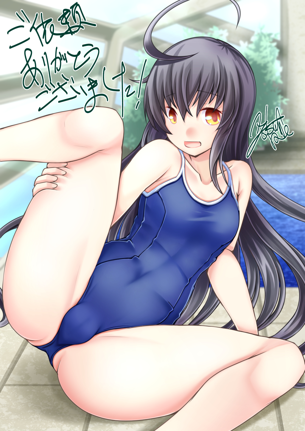 1girl ahoge ayatsuri-doll black_hair blue_swimsuit breasts collarbone competition_swimsuit covered_navel highleg highleg_swimsuit highres indoors kantai_collection leg_grab long_hair looking_at_viewer mikazuki_(kantai_collection) one-piece_swimsuit open_mouth pool rei_no_pool small_breasts smile solo sunlight swimsuit tree water window yellow_eyes