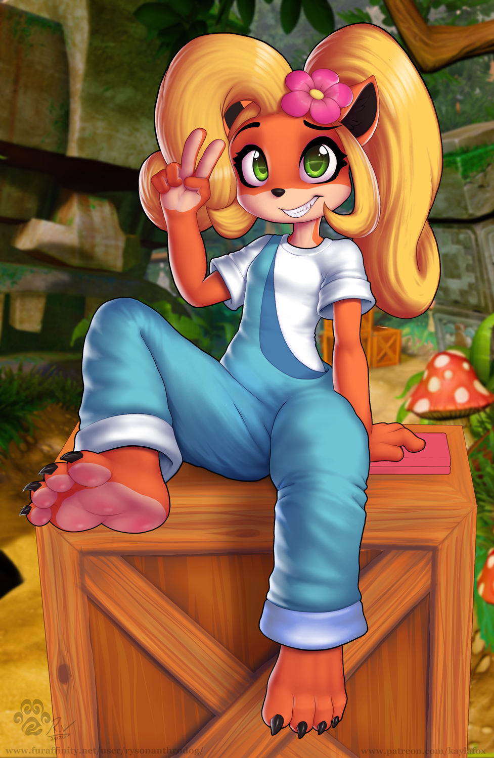 2020 4_toes 5_fingers activision anthro bandicoot black_nose blonde_hair claws clothed clothing coco_bandicoot crash_bandicoot_(series) crate digital_media_(artwork) female fingers gesture green_eyes hair hi_res long_hair mammal marsupial overalls rysonanthrodog shirt sitting smile solo toe_claws toes topwear v_sign video_games
