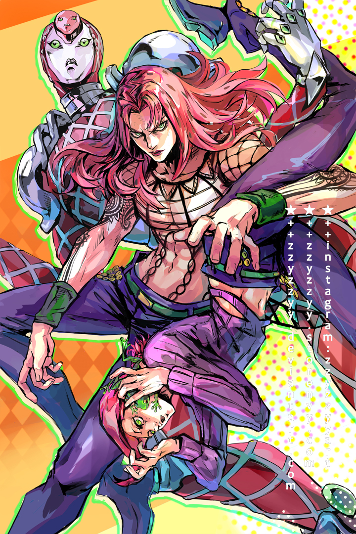 2boys animal arm_tattoo belt chain commentary deviantart_username diavolo english_commentary fishnets floating_hair freckles frog green_eyes green_outline holding holding_animal instagram_username jojo_no_kimyou_na_bouken king_crimson_(stand) long_hair long_sleeves looking_at_viewer male_focus midriff multicolored multicolored_background multiple_boys navel open_mouth outline pants pectorals pink_hair polka_dot polka_dot_hair ponytail purple_pants purple_sweater red_lips serious stand_(jojo) star_(symbol) sweater tattoo toned toned_male upside-down vento_aureo vinegar_doppio watermark web_address zzyzzyy
