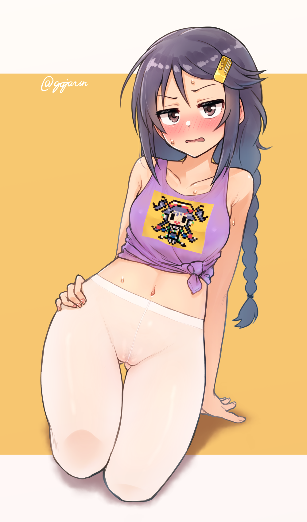 1girl arm_support ass_visible_through_thighs bangs bare_arms bare_shoulders black_hair blush braid breasts brown_eyes collarbone commentary_request crotch_seam embarrassed eyebrows_visible_through_hair female_pubic_hair fingernails full_body gojarun groin hair_ornament hairclip hand_on_own_head highres idolmaster idolmaster_cinderella_girls kneeling long_hair looking_at_viewer medium_breasts miyoshi_sana navel no_panties no_pants nose_blush orange_background pantyhose parted_lips print_shirt pubic_hair purple_tank_top pussy see-through shadow shiny shiny_hair shirt solo stomach sweat tank_top thigh_gap tied_shirt twin_braids twintails twitter_username two-tone_background wavy_mouth white_background white_legwear