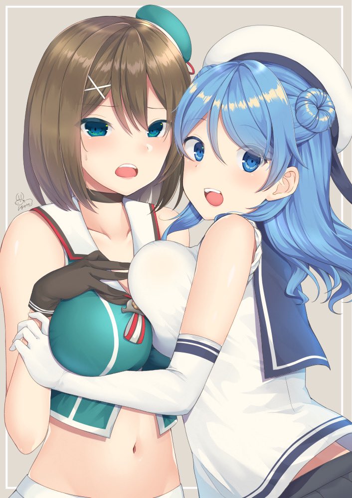 2girls aqua_headwear beret black_gloves blue_eyes blue_hair breasts brown_hair collarbone double_bun elbow_gloves eyebrows_visible_through_hair gloves grey_skirt hair_between_eyes hair_ornament hat kantai_collection large_breasts maya_(kantai_collection) medium_hair midriff military military_uniform multiple_girls navel open_mouth pleated_skirt sailor_hat school_uniform serafuku short_hair signature skirt sleeveless uniform unoshima_kanaka upper_body urakaze_(kantai_collection) white_gloves white_headwear x_hair_ornament