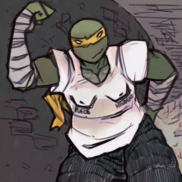 1:1 anonymous_artist anthro bald_female bandanna bottomwear clothing female flexing jennika_(tmnt) kerchief ninja pants reptile scalie sewers shirt solo teenage_mutant_ninja_turtles teenager text text_on_clothing text_on_shirt text_on_topwear topwear turtle warrior young