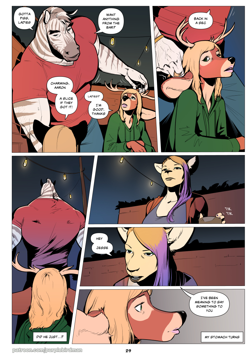 2020 5_fingers aaron_(falcon_mccooper) anthro antlers blonde_hair blue_eyes breasts brown_eyes cass_(falcon_mccooper) cervid clothed clothing comic digital_media_(artwork) english_text equid equine eyelashes falcon_mccooper felid female fingers girly green_eyes hair highlights_(coloring) horn jesse_(falcon_mccooper) lion lips makeup male mammal manly mascara muscular muscular_male night open_mouth outside pantherine shirt speech_bubble sweater text topwear touching_hair url zebra