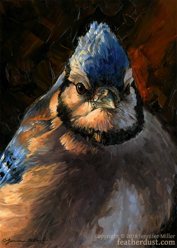 ambiguous_gender avian bird blue_jay brown_eyes corvid feral jay_(bird) looking_at_viewer nambroth new_world_jay oil_painting_(artwork) oscine painting_(artwork) passerine solo text traditional_media_(artwork) url