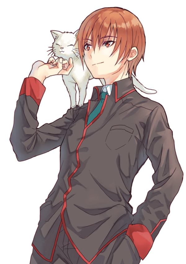 1boy black_pants brown_hair cat commentary_request commission cowboy_shot hand_in_pocket lennon little_busters! male_focus mitsuyo_(mituyo324) natsume_kyousuke pants red_eyes school_uniform simple_background white_background