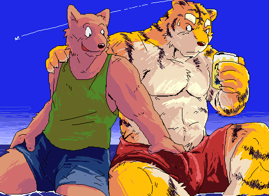 2006 anthro barazoku bottomwear brown_body brown_fur bulge clothing digital_media_(artwork) duo felid fur himachi hug humanoid_hands kemono male male/male mammal muscular muscular_male oekaki outside pantherine shorts sitting tiger tongue tongue_out water