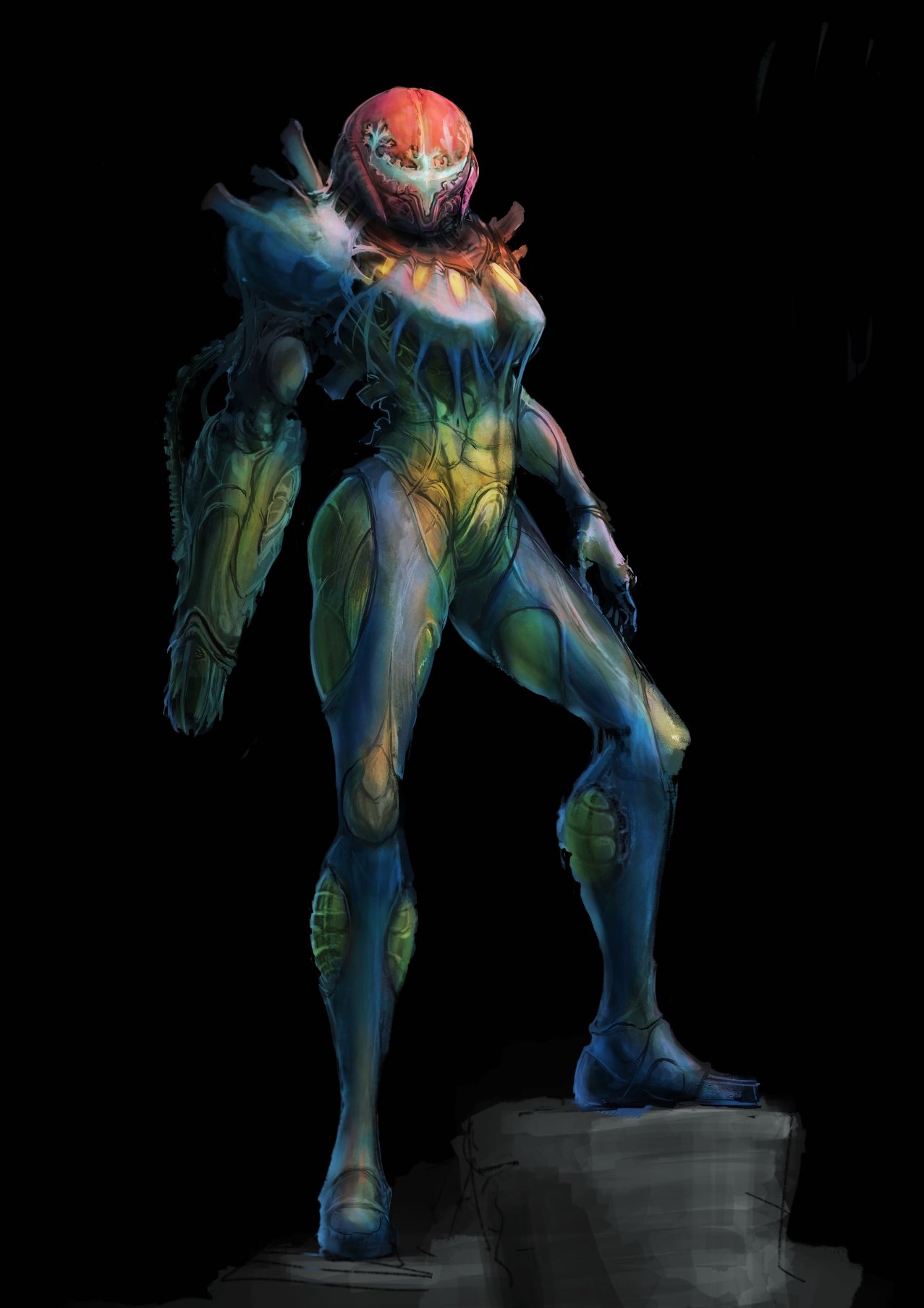 1girl arm_cannon arm_obscured armor bent_arm black_background blue_armor blue_visor contrapposto facing_viewer full_body fusion_suit helmet highres leg_up limp_wrist looking_at_viewer metroid metroid_fusion open_hand power_armor red_helmet samus_aran simple_background solo standing tendrils tsubasafusion weapon webbing