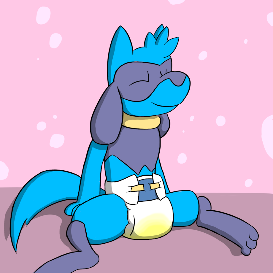1:1 ambiguous_gender anthro baby_pok&eacute;mon black_body black_fur blue_body blue_fur bodily_fluids canid canine diaper fluffy fluffy_tail fur genital_fluids mammal nintendo omorashi padding paws peeing pink_wall pok&eacute;mon pok&eacute;mon_(species) relaxing relief relieve relieved riolu ritzcat solo urine video_games wet_diaper wetting wetting_diaper