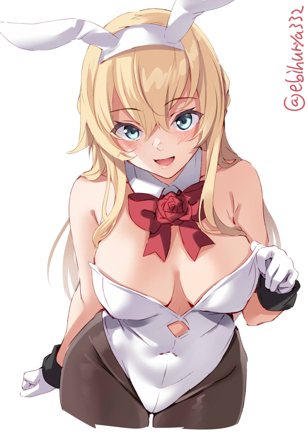 1girl :d animal_ears black_legwear blonde_hair blue_eyes blush braid breasts breasts_apart bunny_ears commentary_request cropped_legs detached_collar duplicate ebifurya eyebrows_visible_through_hair fake_animal_ears flower french_braid gloves hair_between_eyes highres kantai_collection large_breasts leotard long_hair neck_ribbon open_mouth pantyhose playboy_bunny red_flower red_ribbon red_rose ribbon rose simple_background smile solo twitter_username warspite_(kantai_collection) white_background white_gloves white_leotard