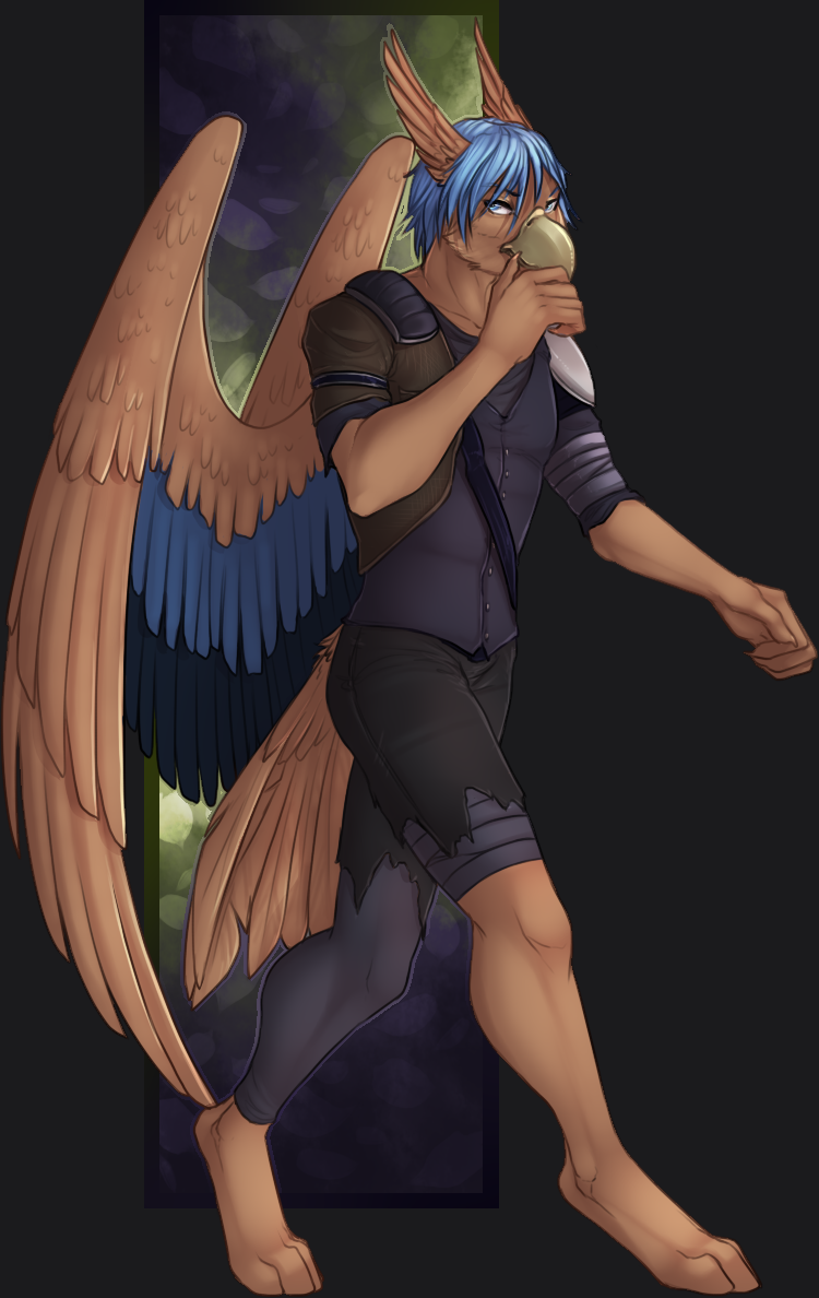 2020 4_toes 5_fingers anthro archery_(artist) avian beak blue_eyes blue_hair clothed clothing digital_media_(artwork) digitigrade eyebrows eyelashes fingers gryphon hair looking_at_viewer male mythological_avian mythology solo standing toes