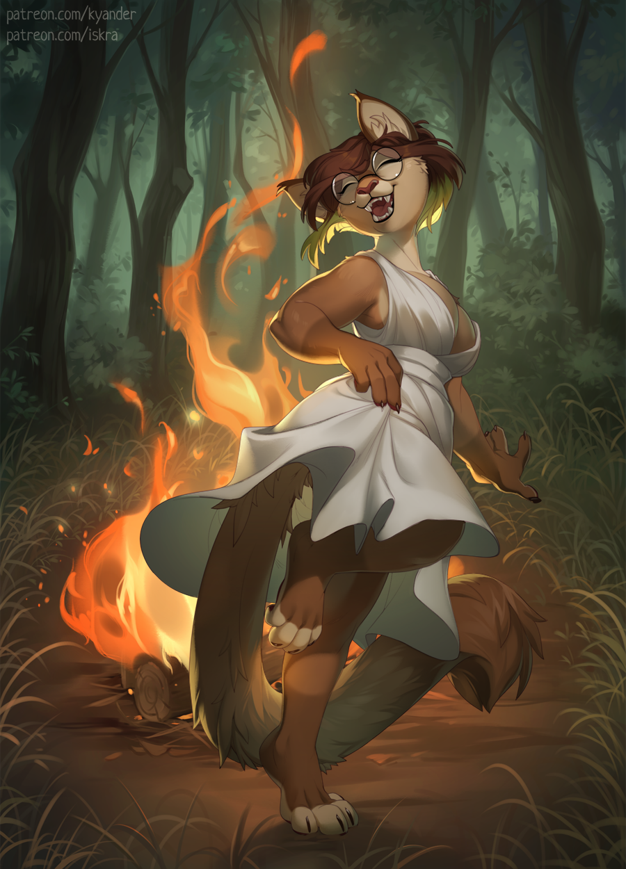 2020 4_toes 5_fingers anthro breasts brown_body brown_fur clothed clothing detailed_background digital_media_(artwork) eyewear felid feline female fingers fire forest fur glasses grass hi_res iskra mammal night open_mouth outside smile solo teeth text toes tongue tree url