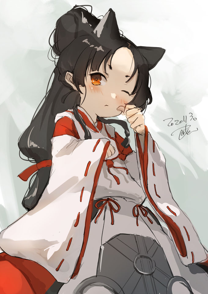 1girl animal_ears black_hair brown_eyes cat_ears commentary_request dated hakama high_ponytail japanese_clothes kantai_collection kariginu long_hair looking_at_viewer miko multi-tied_hair nisshin_(kantai_collection) one_eye_closed red_hakama red_ribbon ribbon short_eyebrows signature solo thick_eyebrows toka_(marchlizard) very_long_hair