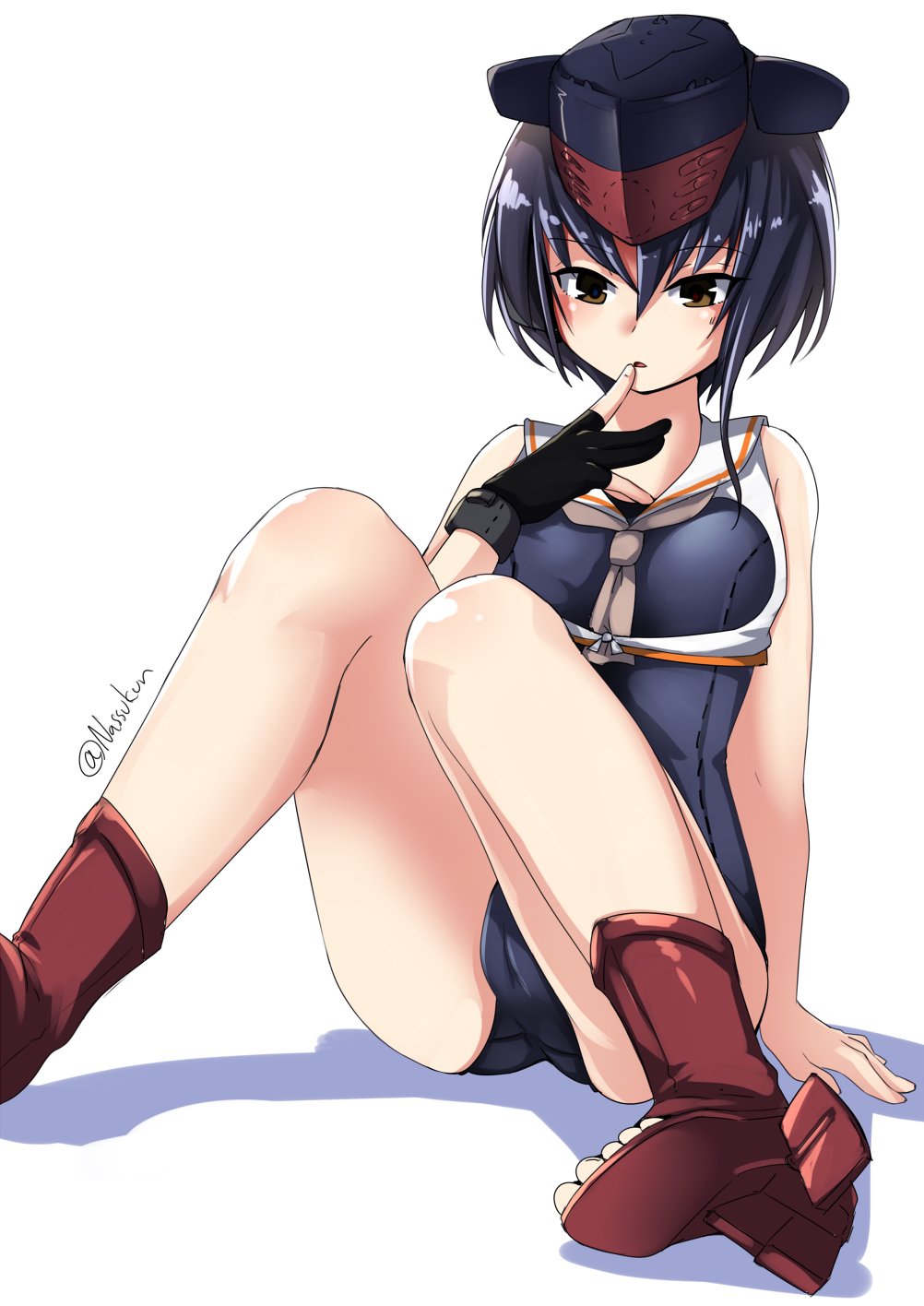 1girl asymmetrical_hair black_gloves black_hair black_swimsuit breast_cutout brown_eyes finger_to_mouth framed_breasts full_body gloves hair_between_eyes headphones highres i-13_(kantai_collection) kantai_collection nassukun open_toe_shoes partially_fingerless_gloves red_footwear sailor_collar school_swimsuit short_hair simple_background single_glove sitting solo swimsuit swimsuit_under_clothes tsurime white_background