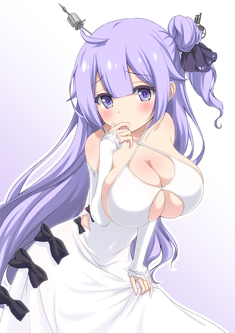 1girl azur_lane bangs bare_shoulders black_bow black_ribbon blush bow breasts cleavage collarbone commentary_request criss-cross_halter detached_sleeves dress eyebrows_visible_through_hair gradient gradient_background hair_between_eyes hair_bun hair_ribbon halterneck hand_to_own_mouth hand_up large_breasts long_hair looking_at_viewer one_side_up purple_background purple_eyes purple_hair ribbon side_bun sleeves_past_wrists solo sukireto unicorn_(azur_lane) very_long_hair white_background white_dress white_sleeves