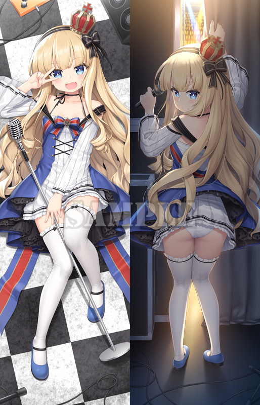 1girl ass azur_lane bare_shoulders black_bow black_hairband blonde_hair blue_eyes blue_footwear bow checkered checkered_floor collarbone commentary crown dakimakura detached_sleeves dress frilled_legwear hairband heijialan long_hair long_sleeves lying microphone mini_crown multiple_views on_back on_floor pleated_dress queen_elizabeth_(azur_lane) sample shoes standing striped striped_bow striped_hairband thighhighs tilted_headwear v_over_eye very_long_hair white_dress white_legwear white_sleeves wide_sleeves