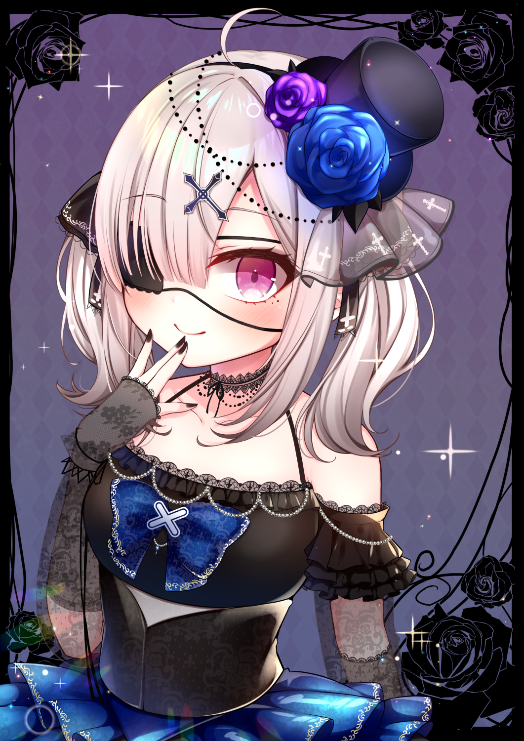 1girl ahoge bare_shoulders black_hairband black_headwear black_nails black_sleeves blue_flower blue_rose blue_skirt closed_mouth commentary_request detached_sleeves flower hairband hand_to_own_mouth hand_up hat hat_flower highres layered_skirt light_brown_hair looking_at_viewer mini_hat mini_top_hat nail_polish nijisanji pleated_skirt purple_flower purple_rose rose see-through see-through_sleeves skirt smile solo sukoya_kana tilted_headwear top_hat twintails virtual_youtuber yukiyuki_441
