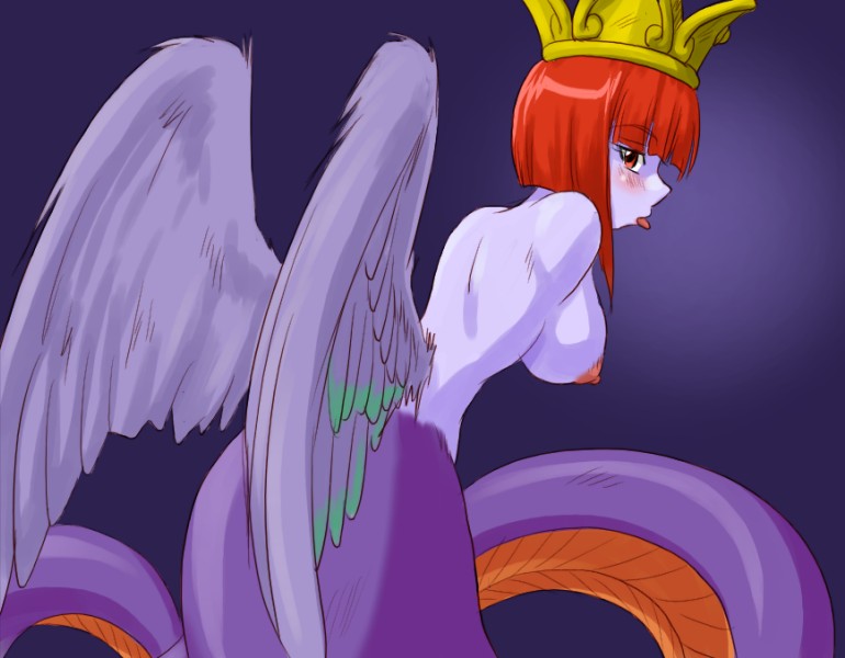 2009 apode armless atlus baalsama back_wings blush breasts crown draconcopode feathered_snake feathered_wings feathers female hair humanoid lamia looking_at_viewer looking_back looking_back_at_viewer megami_tensei nipples orange_body orange_scales pink_nipples purple_body purple_bonus purple_feathers purple_scales purple_skin red_eyes red_hair reptile scales scalie serpentine short_hair snake solo split_form spread_wings supon tongue tongue_out video_games wings