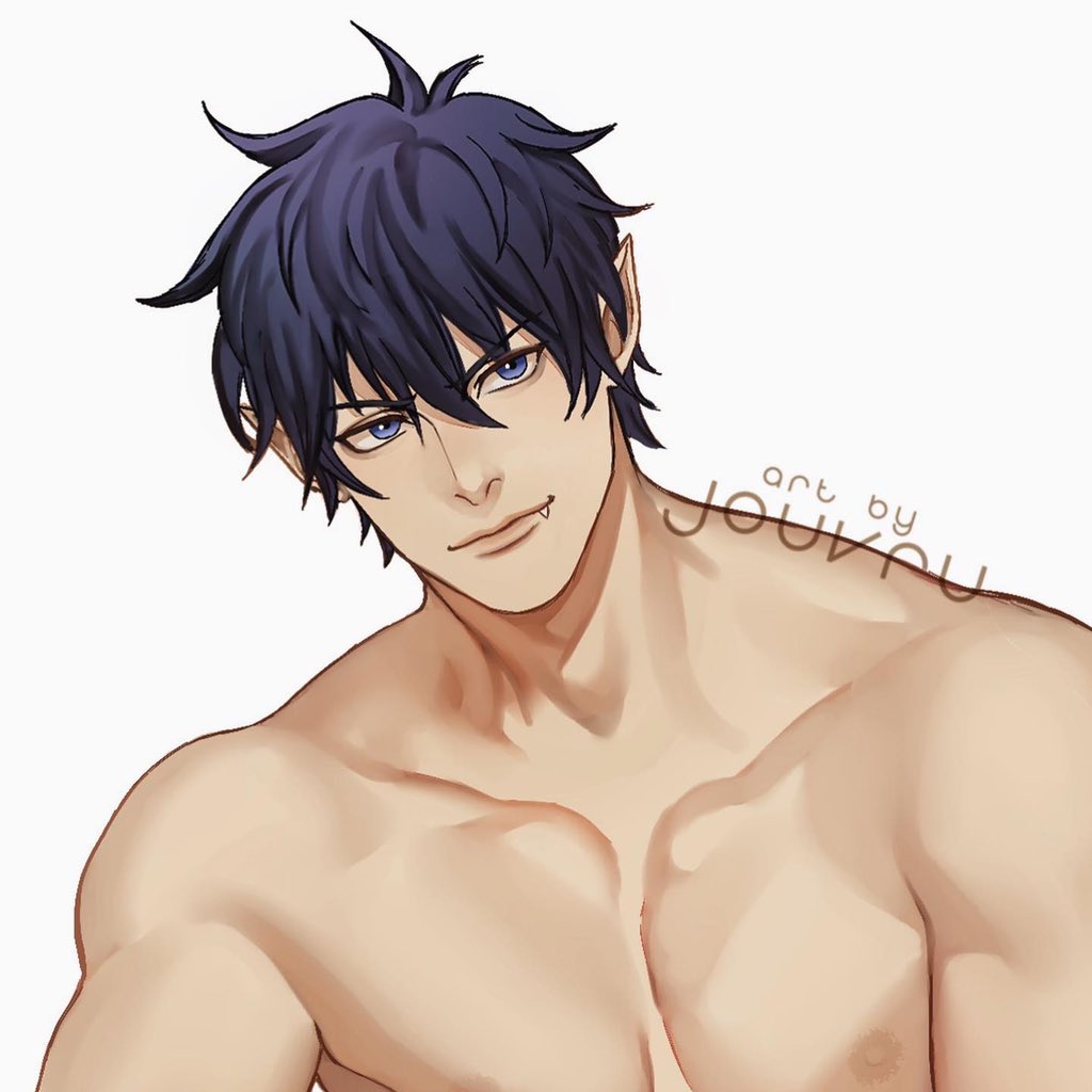 1boy abs ao_no_exorcist artist_name bangs blue_eyes blue_hair closed_mouth collarbone commentary commission demon_boy english_commentary eyebrows_visible_through_hair fang fang_out hair_between_eyes jouvru looking_at_viewer male_focus muscle okumura_rin pectorals pointy_ears shirtless solo upper_body white_background