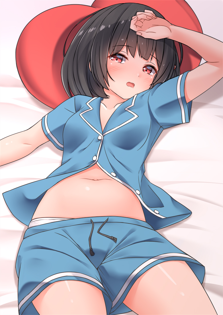 1girl arm_up black_hair blush chaostein granblue_fantasy heart heart_pillow looking_at_viewer lying medium_hair navel on_back open_mouth panties pillow red_eyes shorts solo underwear untied vikala_(granblue_fantasy) white_panties