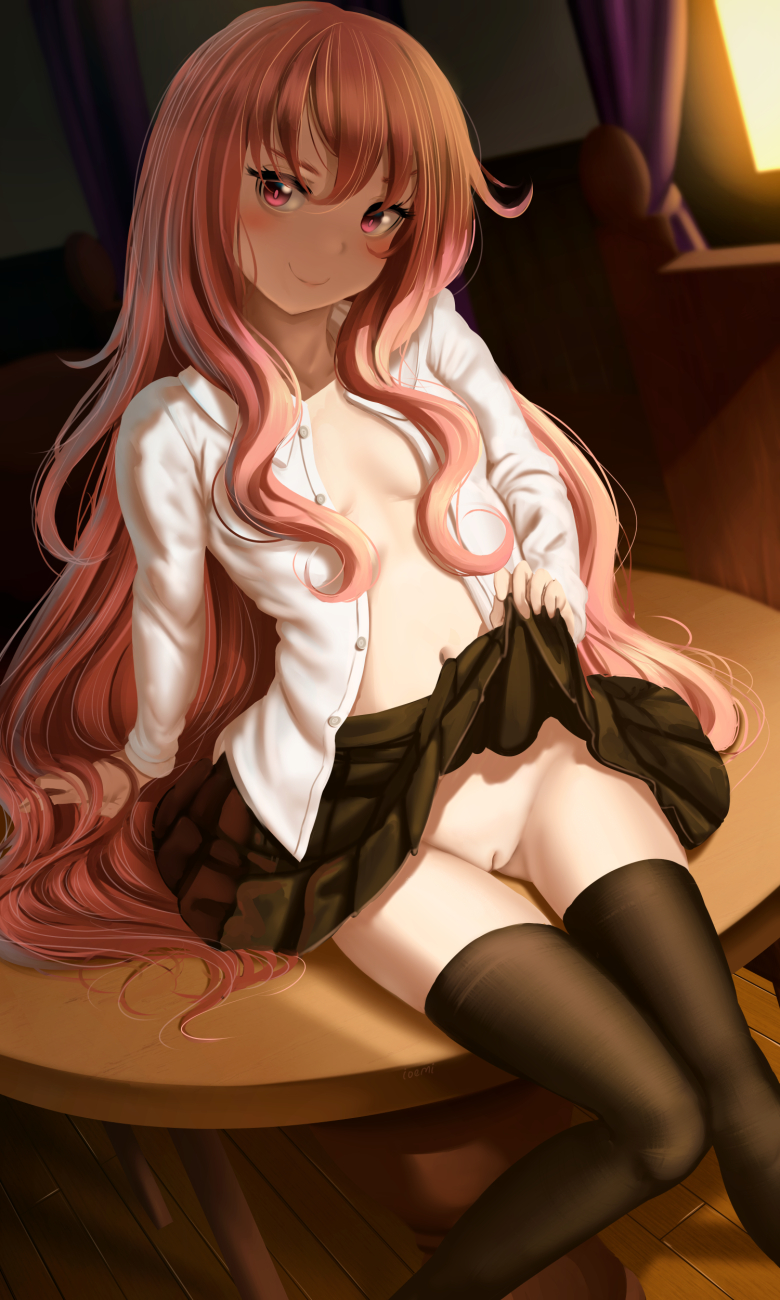 1girl arm_support bangs black_legwear black_skirt blush breasts closed_mouth collared_shirt curtains dkoro dress_shirt eyebrows_behind_hair hair_between_eyes head_tilt highres indoors lifted_by_self long_hair long_sleeves looking_at_viewer louise_francoise_le_blanc_de_la_valliere navel no_bra no_panties open_clothes open_shirt pink_hair pleated_skirt red_eyes shirt sitting sitting_on_table skirt skirt_lift small_breasts smile solo sunlight sunset thighhighs very_long_hair white_shirt window wooden_floor zero_no_tsukaima